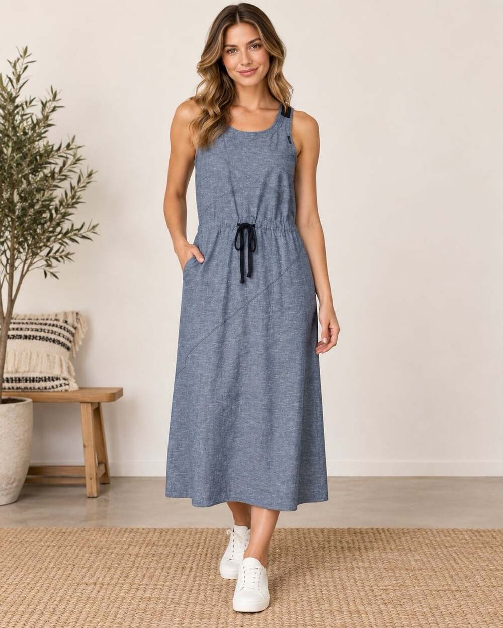 NWT G-Star Raw Linen Cotton Maxi Dress M Blue Tiki Pockets Patchwork Utility